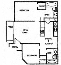 Floor plan for 2 beds, 2 baths, 910 sqft